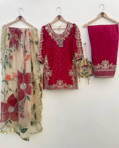 EID 🌙 EXCLUSIVE AND TRENDY FOR WEDDING SEASON OUR CORDING WITH SEQUENCE EMBROIDERY AND BEADS WORKED TOP, PLAZZO AND DUPATTA IN  GMY SILK