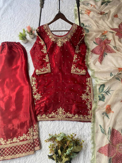 EID 🌙 EXCLUSIVE AND TRENDY FOR WEDDING SEASON OUR CORDING WITH SEQUENCE EMBROIDERY AND BEADS WORKED TOP, PLAZZO AND DUPATTA IN  GMY SILK