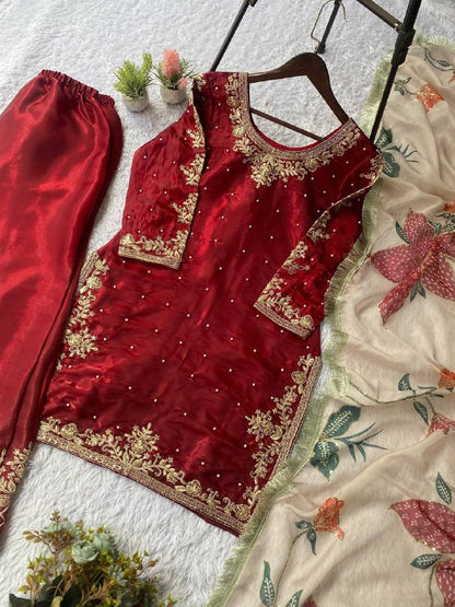 EID 🌙 EXCLUSIVE AND TRENDY FOR WEDDING SEASON OUR CORDING WITH SEQUENCE EMBROIDERY AND BEADS WORKED TOP, PLAZZO AND DUPATTA IN  GMY SILK