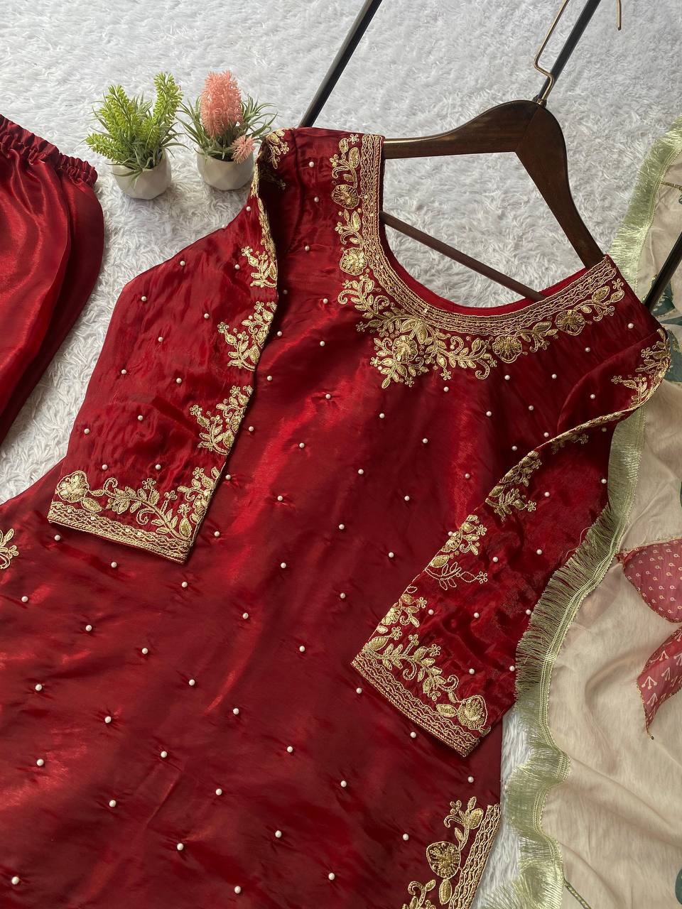 EID 🌙 EXCLUSIVE AND TRENDY FOR WEDDING SEASON OUR CORDING WITH SEQUENCE EMBROIDERY AND BEADS WORKED TOP, PLAZZO AND DUPATTA IN  GMY SILK