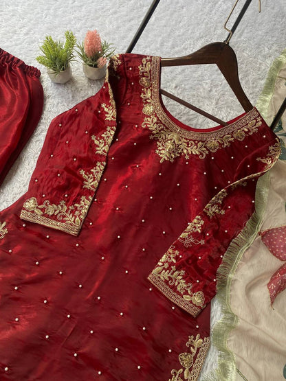 EID 🌙 EXCLUSIVE AND TRENDY FOR WEDDING SEASON OUR CORDING WITH SEQUENCE EMBROIDERY AND BEADS WORKED TOP, PLAZZO AND DUPATTA IN  GMY SILK