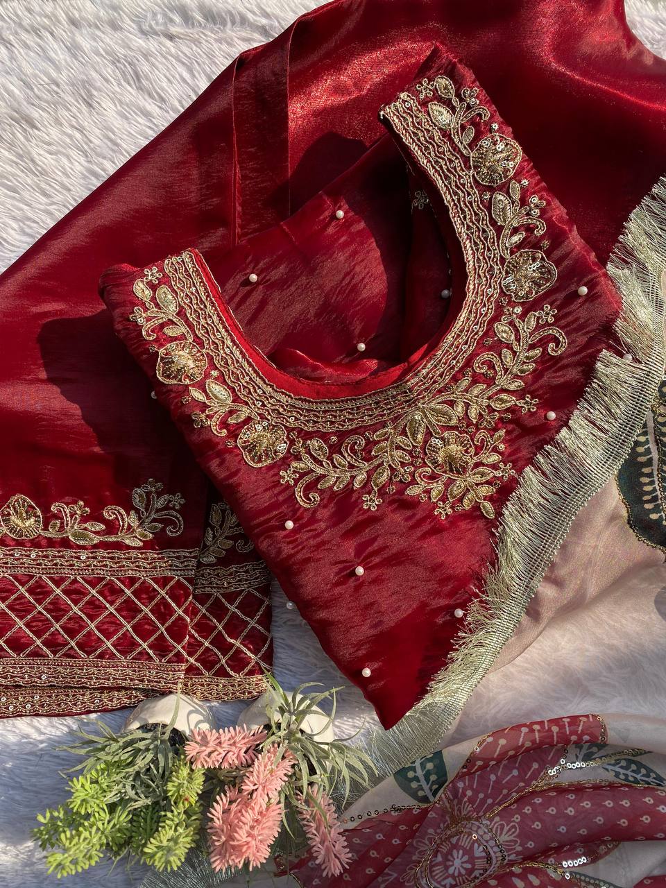 EID 🌙 EXCLUSIVE AND TRENDY FOR WEDDING SEASON OUR CORDING WITH SEQUENCE EMBROIDERY AND BEADS WORKED TOP, PLAZZO AND DUPATTA IN  GMY SILK