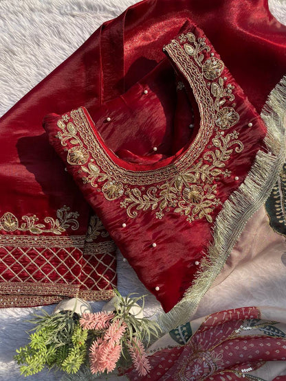 EID 🌙 EXCLUSIVE AND TRENDY FOR WEDDING SEASON OUR CORDING WITH SEQUENCE EMBROIDERY AND BEADS WORKED TOP, PLAZZO AND DUPATTA IN  GMY SILK