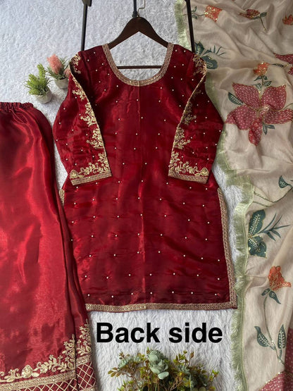 EID 🌙 EXCLUSIVE AND TRENDY FOR WEDDING SEASON OUR CORDING WITH SEQUENCE EMBROIDERY AND BEADS WORKED TOP, PLAZZO AND DUPATTA IN  GMY SILK