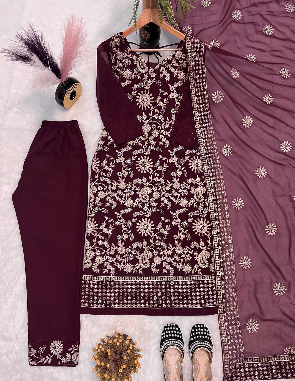 FANCY FAUX GEORGETTE SEQUENCE EMBROIDERED WORK TOP AND PENT WITH DUPATTA