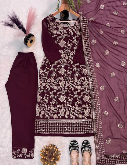 FANCY FAUX GEORGETTE SEQUENCE EMBROIDERED WORK TOP AND PENT WITH DUPATTA