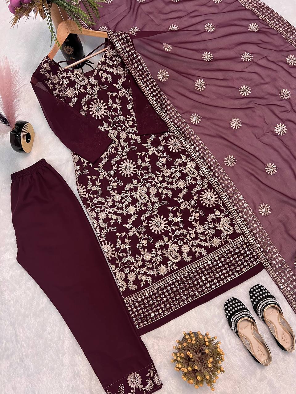FANCY FAUX GEORGETTE SEQUENCE EMBROIDERED WORK TOP AND PENT WITH DUPATTA