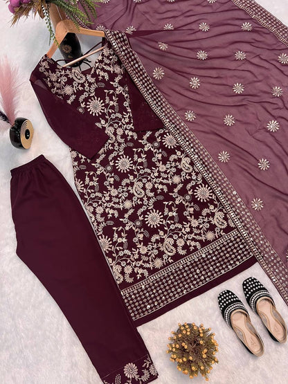 FANCY FAUX GEORGETTE SEQUENCE EMBROIDERED WORK TOP AND PENT WITH DUPATTA