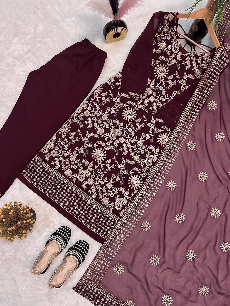 FANCY FAUX GEORGETTE SEQUENCE EMBROIDERED WORK TOP AND PENT WITH DUPATTA