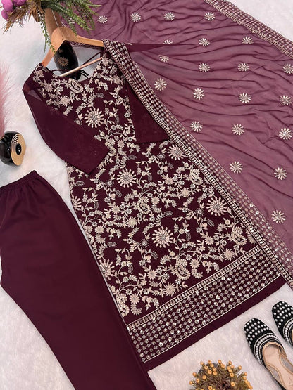FANCY FAUX GEORGETTE SEQUENCE EMBROIDERED WORK TOP AND PENT WITH DUPATTA