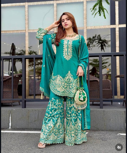 New Design Trending Cinon Silk *Top&Pent Palazzo&dupatta* Reddy To Wear Look Designs