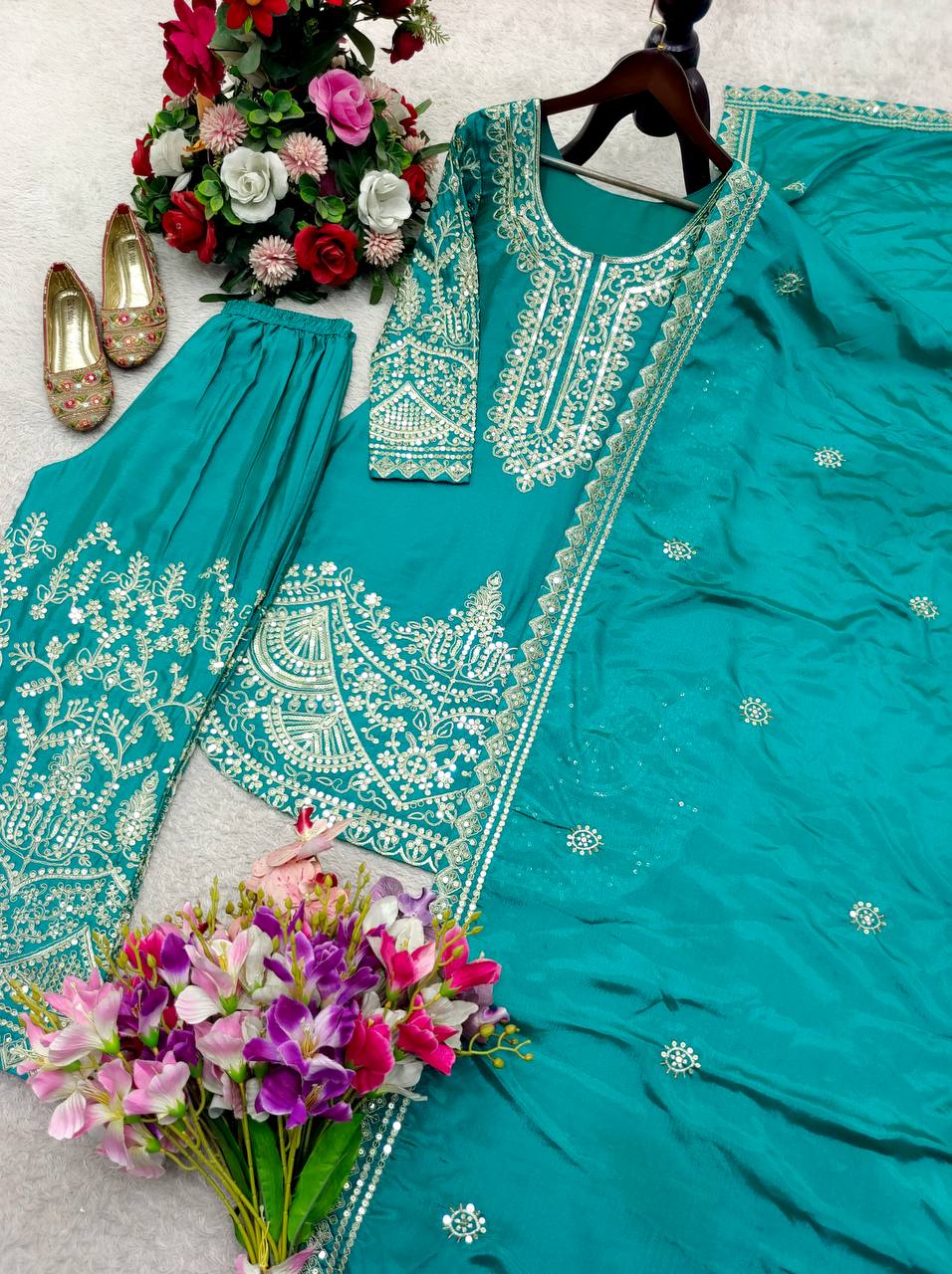 New Design Trending Cinon Silk *Top&Pent Palazzo&dupatta* Reddy To Wear Look Designs