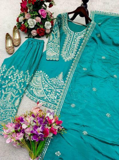 New Design Trending Cinon Silk *Top&Pent Palazzo&dupatta* Reddy To Wear Look Designs