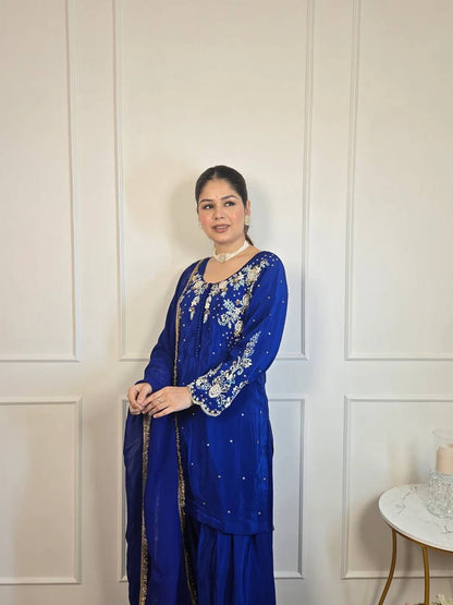 DESIGNER AND MOST TRENDING FARSI SALWAR SUIT IN THREE PIECE WITH EMBROIDERY WORK