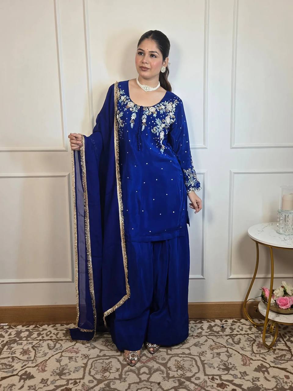 DESIGNER AND MOST TRENDING FARSI SALWAR SUIT IN THREE PIECE WITH EMBROIDERY WORK