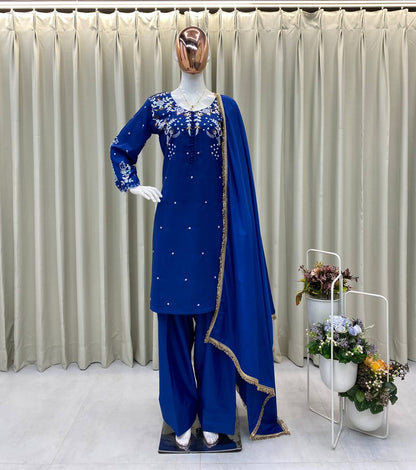 DESIGNER AND MOST TRENDING FARSI SALWAR SUIT IN THREE PIECE WITH EMBROIDERY WORK