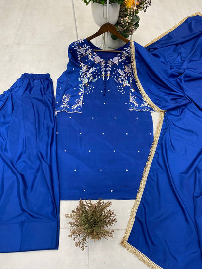 DESIGNER AND MOST TRENDING FARSI SALWAR SUIT IN THREE PIECE WITH EMBROIDERY WORK