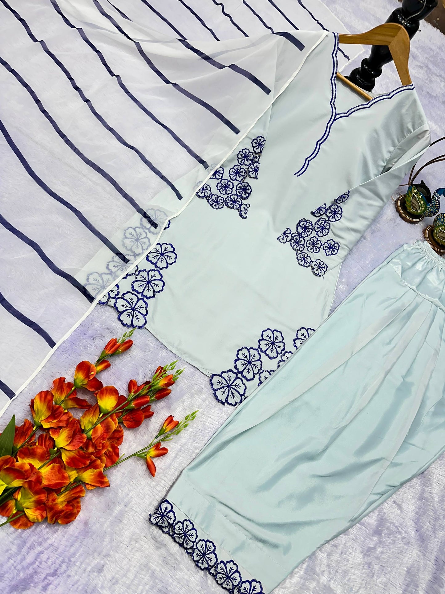 PARTY WEAR  TOP AND FARSI SALVAR . WITH FANCY DUPPATA AND EMBROIDERY WORK