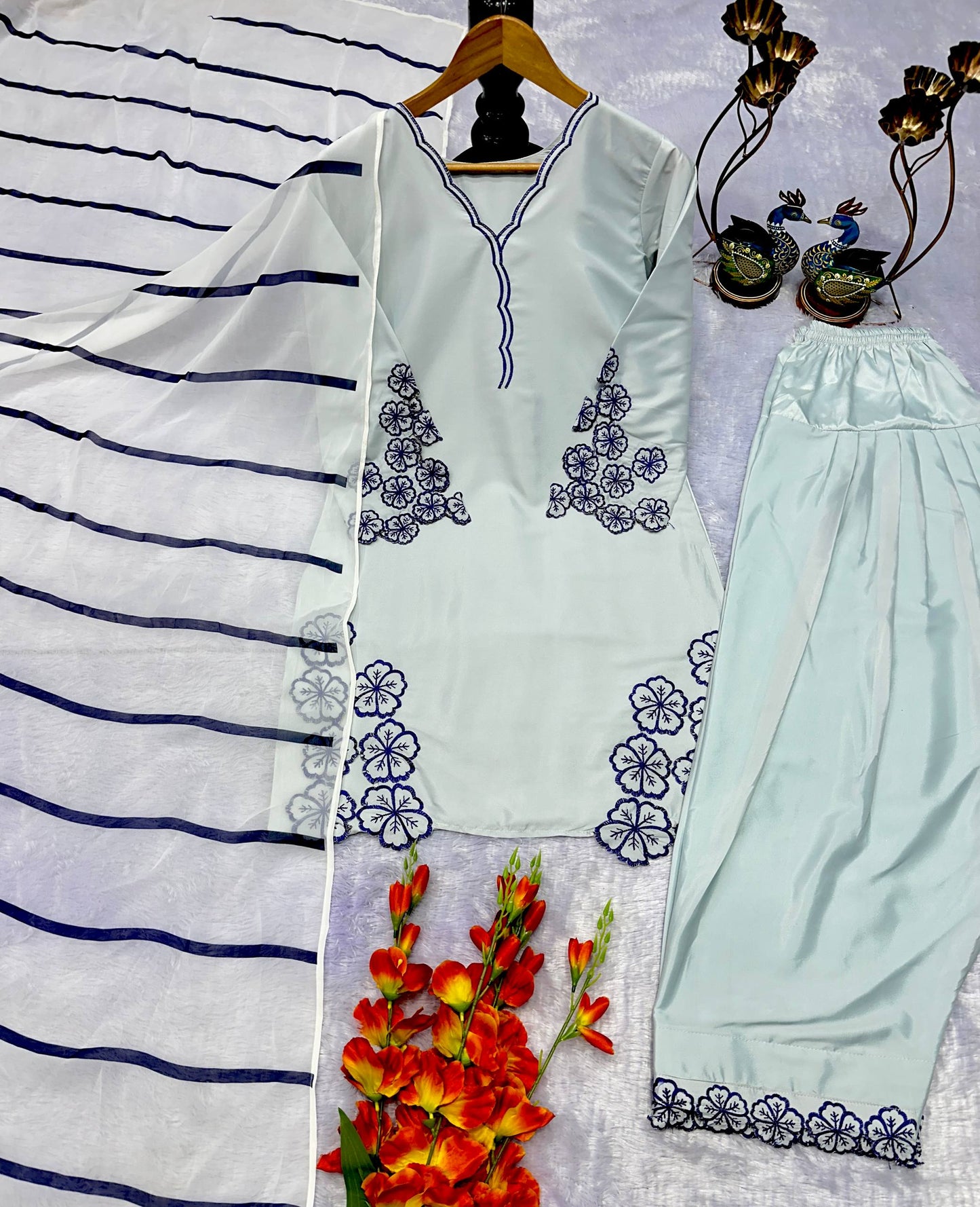 PARTY WEAR  TOP AND FARSI SALVAR . WITH FANCY DUPPATA AND EMBROIDERY WORK