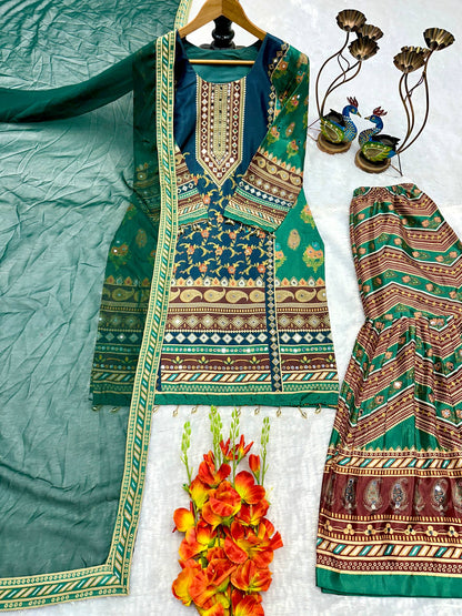NEW ĐĚSIGNER PARTY WEAR TOP ANDPLAZZO. WITH FANCY DUPPATA WITH  EMBROIDERY WORK