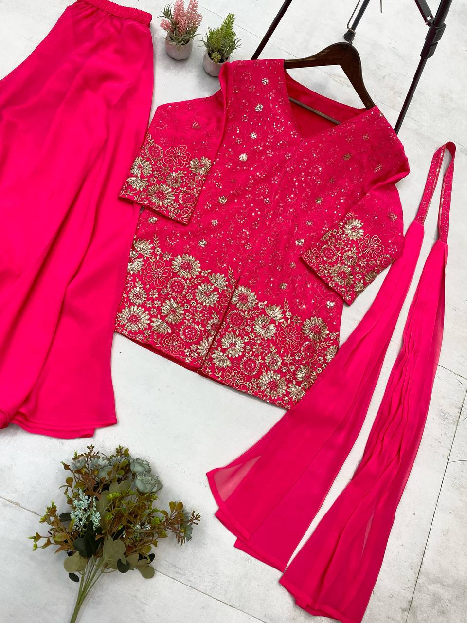 DESIGNER TRENDING TOP WITH SEQUENCE EMBROIDERY WORK WITH CIRCULAR PLAZZO AND DUPATTA