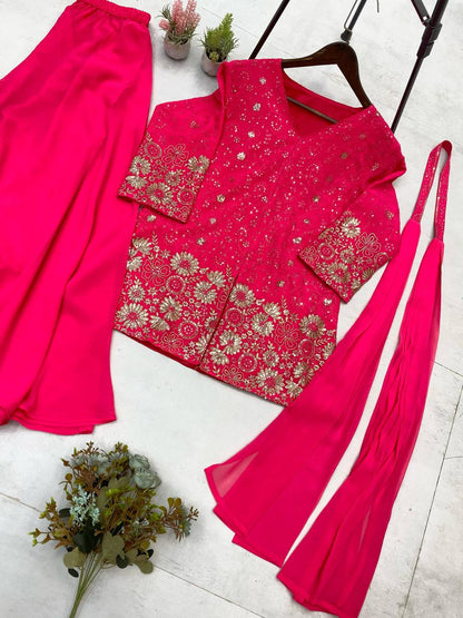 DESIGNER TRENDING TOP WITH SEQUENCE EMBROIDERY WORK WITH CIRCULAR PLAZZO AND DUPATTA