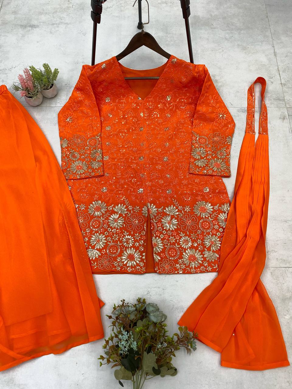 DESIGNER TRENDING TOP WITH SEQUENCE EMBROIDERY WORK WITH CIRCULAR PLAZZO AND DUPATTA