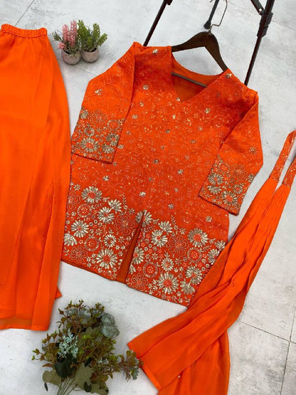 DESIGNER TRENDING TOP WITH SEQUENCE EMBROIDERY WORK WITH CIRCULAR PLAZZO AND DUPATTA