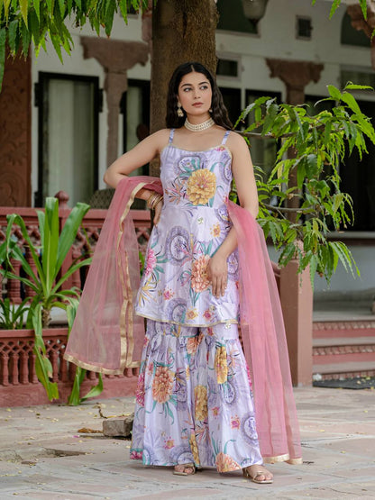 EXCLUSIVE 3 PIECES KURTI, PLAZZO & DUPATTA IS COMING WITH HAND WORK AND FANCY LACE BORDER