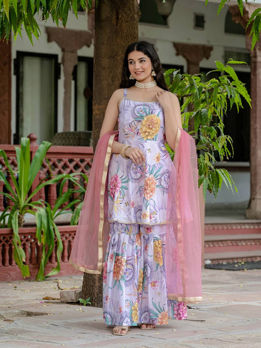 EXCLUSIVE 3 PIECES KURTI, PLAZZO & DUPATTA IS COMING WITH HAND WORK AND FANCY LACE BORDER