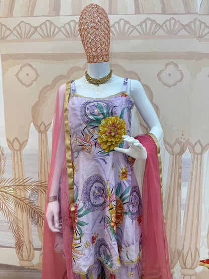 EXCLUSIVE 3 PIECES KURTI, PLAZZO & DUPATTA IS COMING WITH HAND WORK AND FANCY LACE BORDER
