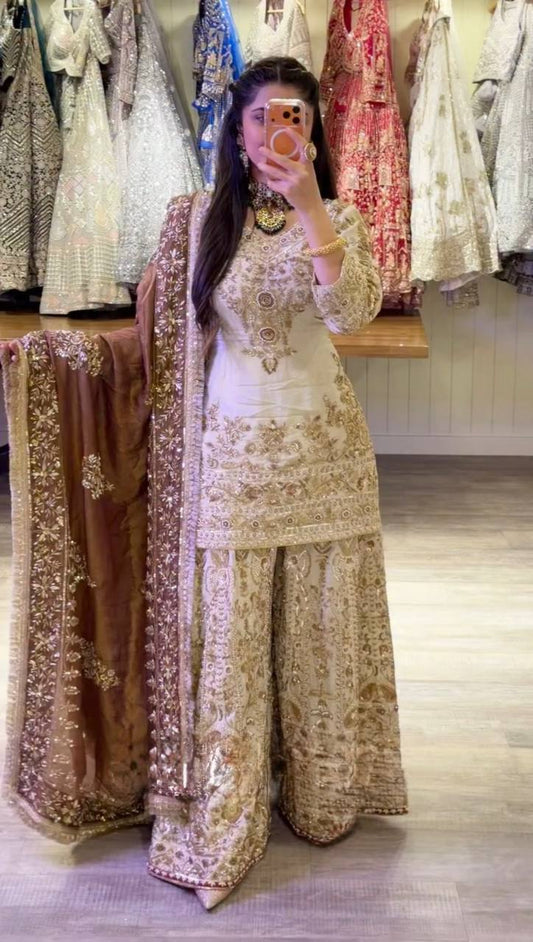 DESIGNER HEAVY NATURAL SILK EMBROIDERED CHINE SEQUENCE WORK WITH FANCY TOP SHARARA DUPATTA SET