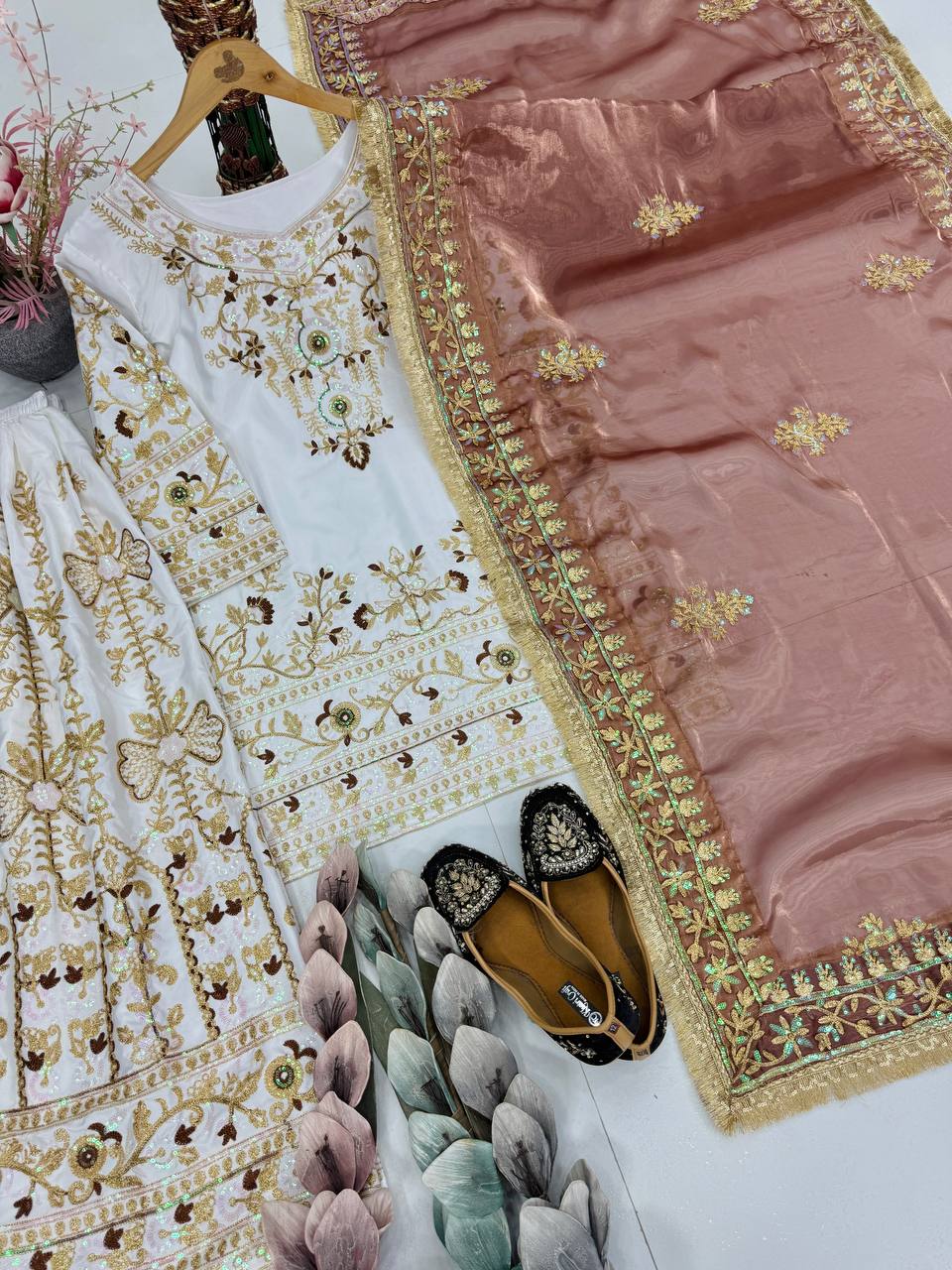 DESIGNER HEAVY NATURAL SILK EMBROIDERED CHINE SEQUENCE WORK WITH FANCY TOP SHARARA DUPATTA SET