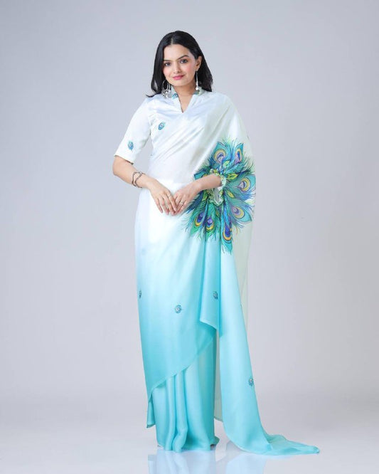 TRENDING SUMMER COLLECTION HANDS FREE SAREE WITH BEAUTIFUL DIGITAL PRINT ON JAPAN SATIN FABRIC