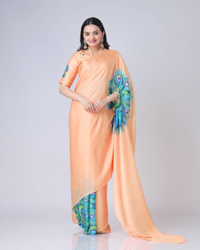 TRENDING SUMMER COLLECTION HANDS FREE SAREE WITH BEAUTIFUL DIGITAL PRINT ON JAPAN SATIN FABRIC