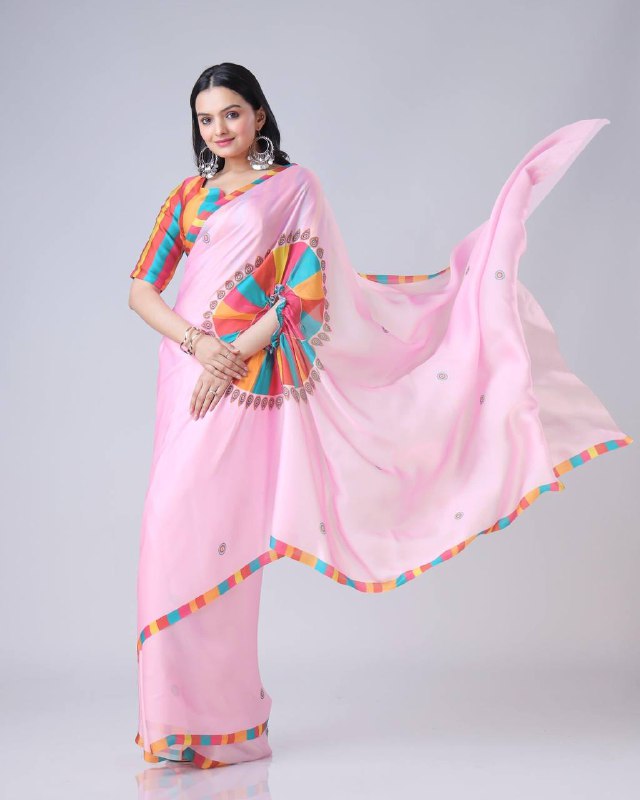 TRENDING SUMMER COLLECTION HANDS FREE SAREE WITH BEAUTIFUL DIGITAL PRINT ON JAPAN SATIN FABRIC