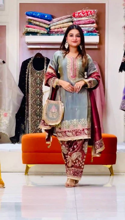 DESIGNER HEAVY GMY SILKE EMBROIDERED CHINE SEQUENCE WORK WITH FANCY TOP PLAZZO DUPATTA SET