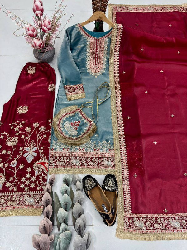DESIGNER HEAVY GMY SILKE EMBROIDERED CHINE SEQUENCE WORK WITH FANCY TOP PLAZZO DUPATTA SET