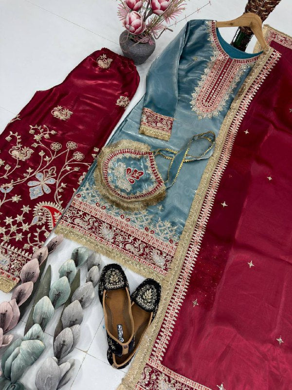 DESIGNER HEAVY GMY SILKE EMBROIDERED CHINE SEQUENCE WORK WITH FANCY TOP PLAZZO DUPATTA SET