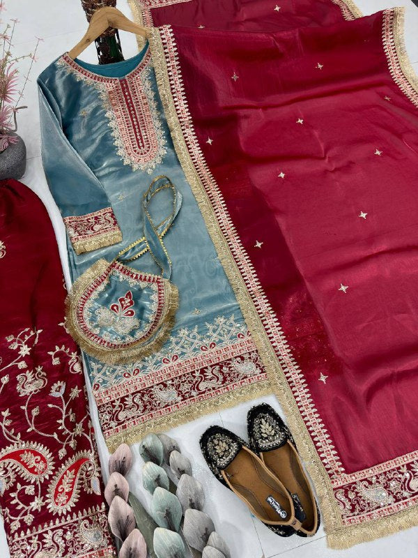 DESIGNER HEAVY GMY SILKE EMBROIDERED CHINE SEQUENCE WORK WITH FANCY TOP PLAZZO DUPATTA SET