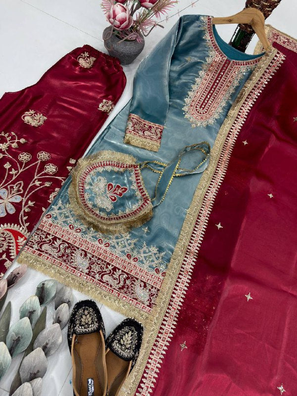 DESIGNER HEAVY GMY SILKE EMBROIDERED CHINE SEQUENCE WORK WITH FANCY TOP PLAZZO DUPATTA SET