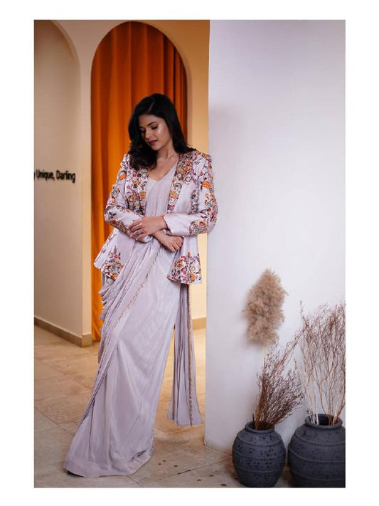 INDO-WESTERN DRAPE SAREE….* 🚀 *🥻WE ARE LAUNCHING NEW SUPERHIT TRENDING INDO-WESTERN READY TO WEAR SAREE WITH FULLY EMBROIDERED KOTI ON  RANGOLI SILK FABRIC WITH STITCH BLOUSE