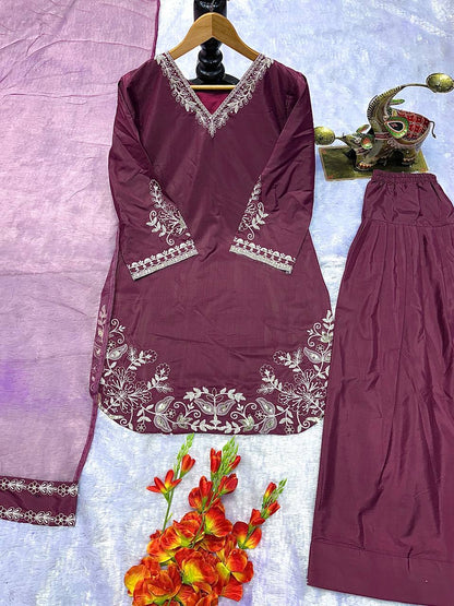 Designer Party Wear Look Pure Natural Crepe Top & Farshi Salwar With Dupatta Set