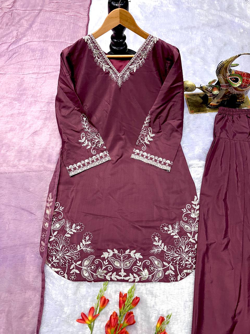 Designer Party Wear Look Pure Natural Crepe Top & Farshi Salwar With Dupatta Set