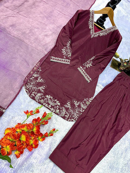 Designer Party Wear Look Pure Natural Crepe Top & Farshi Salwar With Dupatta Set