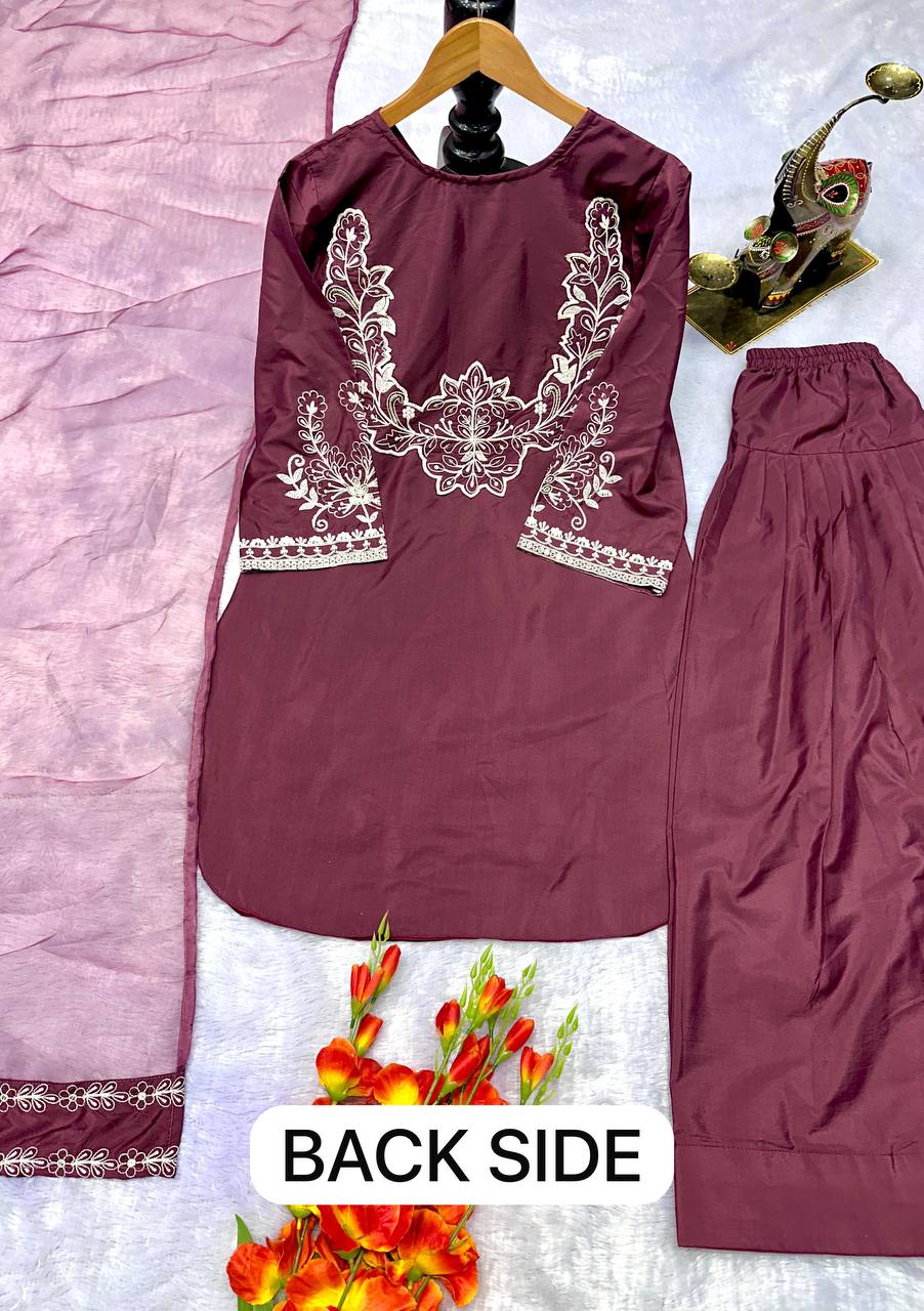 Designer Party Wear Look Pure Natural Crepe Top & Farshi Salwar With Dupatta Set