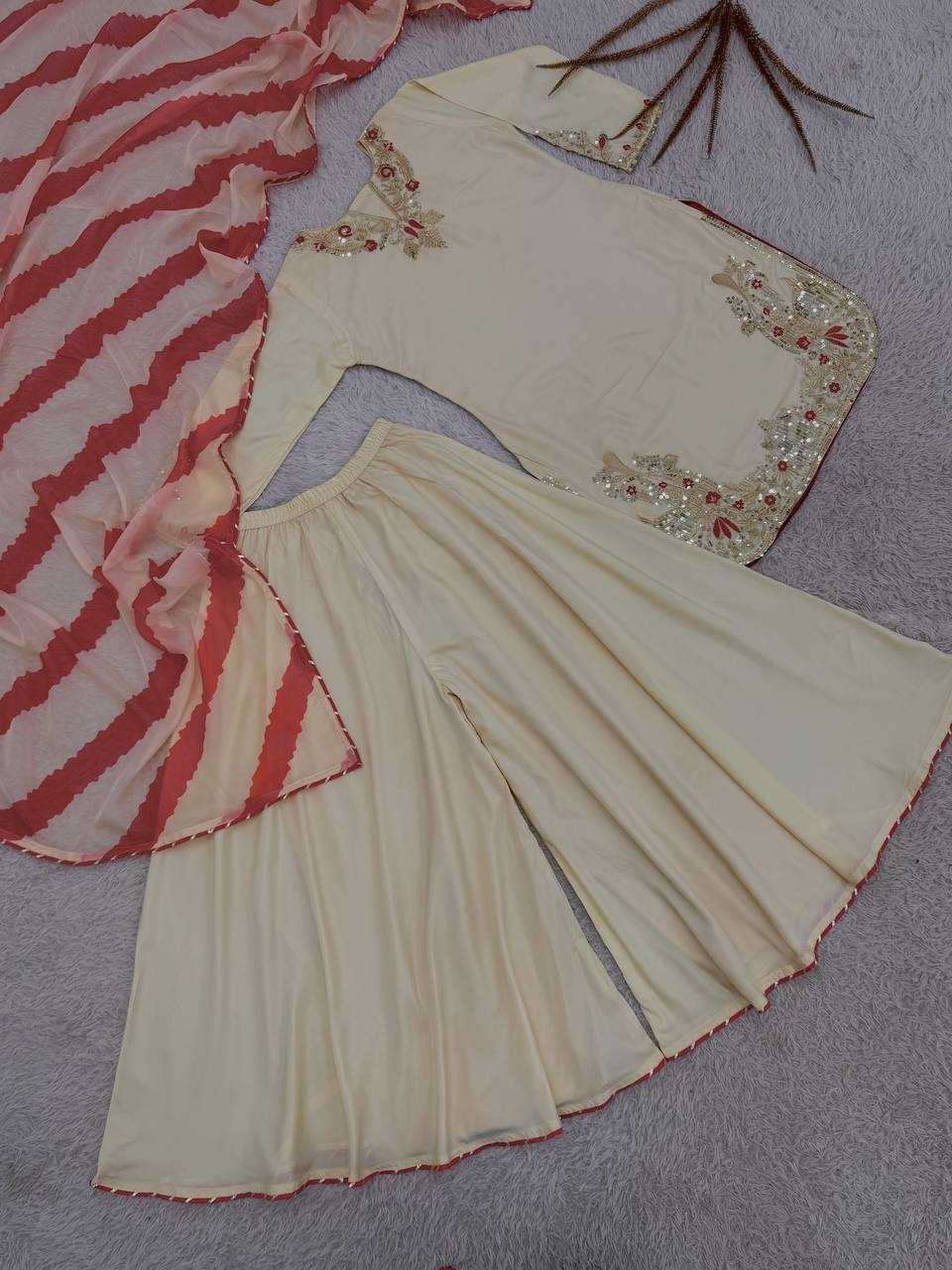 NEW READY TO WEAR DESIGN HEAVY EMBROIDERY AND SEQUENCE WORK TOP - PLAZZO WITH  DUPATTA