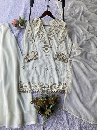 EID 🌙 EXCLUSIVE AND TRENDY FOR WEDDING SEASON OUR SEQUENCE EMBROIDERY WORKED TOP, PLAZZO AND DUPATTA
