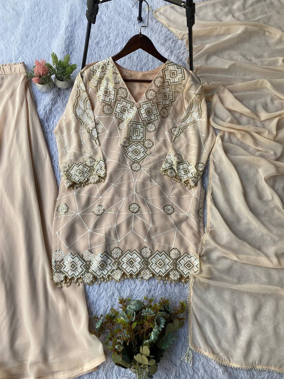 EID 🌙 EXCLUSIVE AND TRENDY FOR WEDDING SEASON OUR SEQUENCE EMBROIDERY WORKED TOP, PLAZZO AND DUPATTA