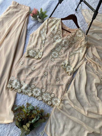 EID 🌙 EXCLUSIVE AND TRENDY FOR WEDDING SEASON OUR SEQUENCE EMBROIDERY WORKED TOP, PLAZZO AND DUPATTA